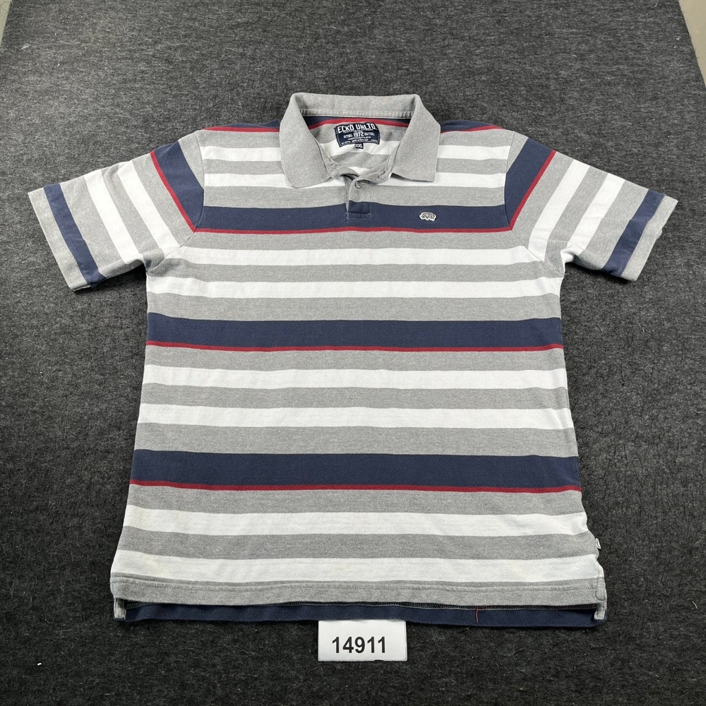 Ecko Unltd Polo Shirt Mens XXL Grey Striped Excellent Short Sleeve Pique Cotton